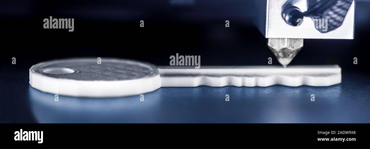 3D stampante stampa una chiave, concetti come ad esempio advanced fabbro o nuovo ladro e minaccia di furto Foto Stock