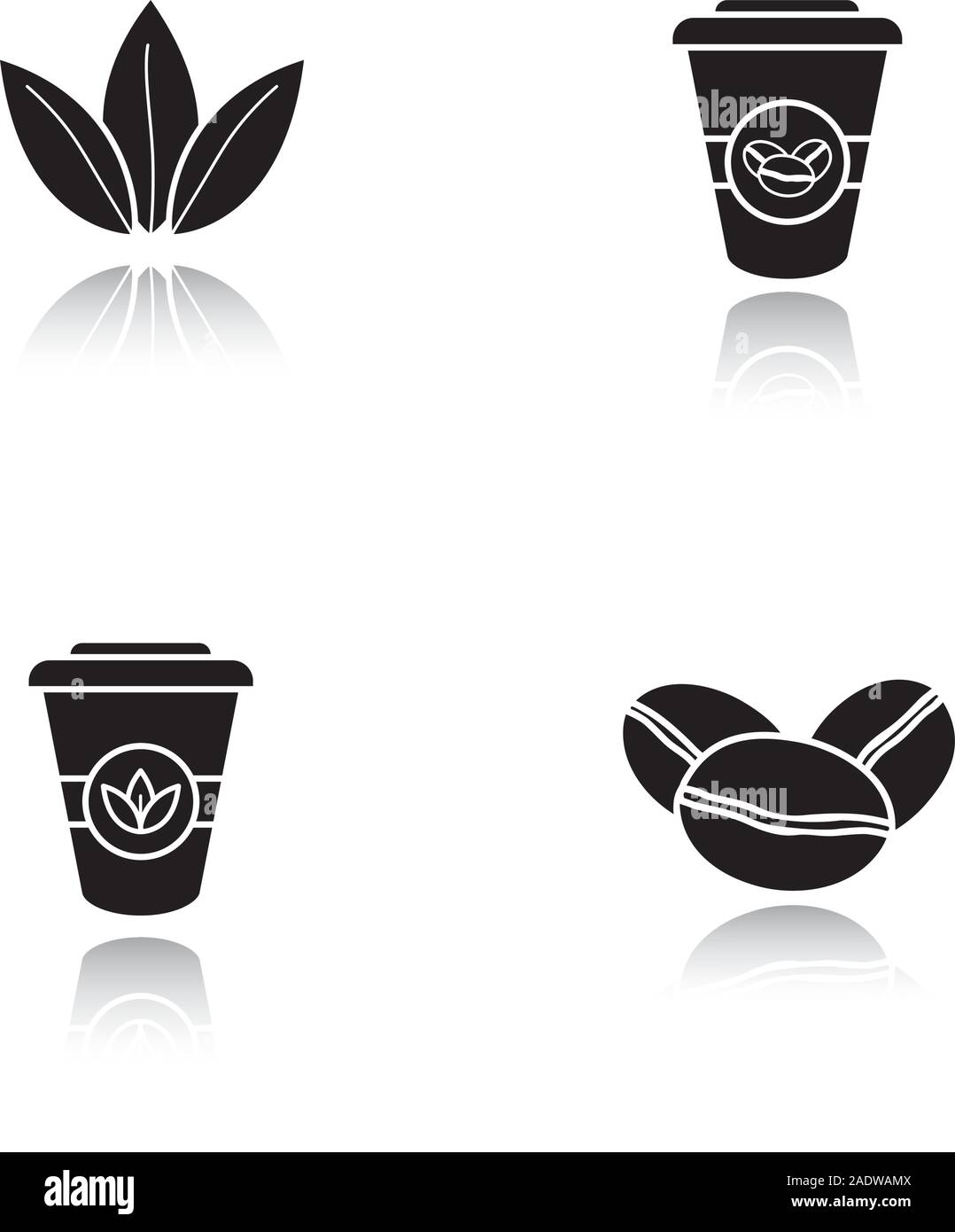 Bollitore per tè e caffè ombra nera set di icone. Caffè torrefatto in grani, foglie di tè e di carta monouso tazze. Isolato illustrazioni vettoriali Illustrazione Vettoriale