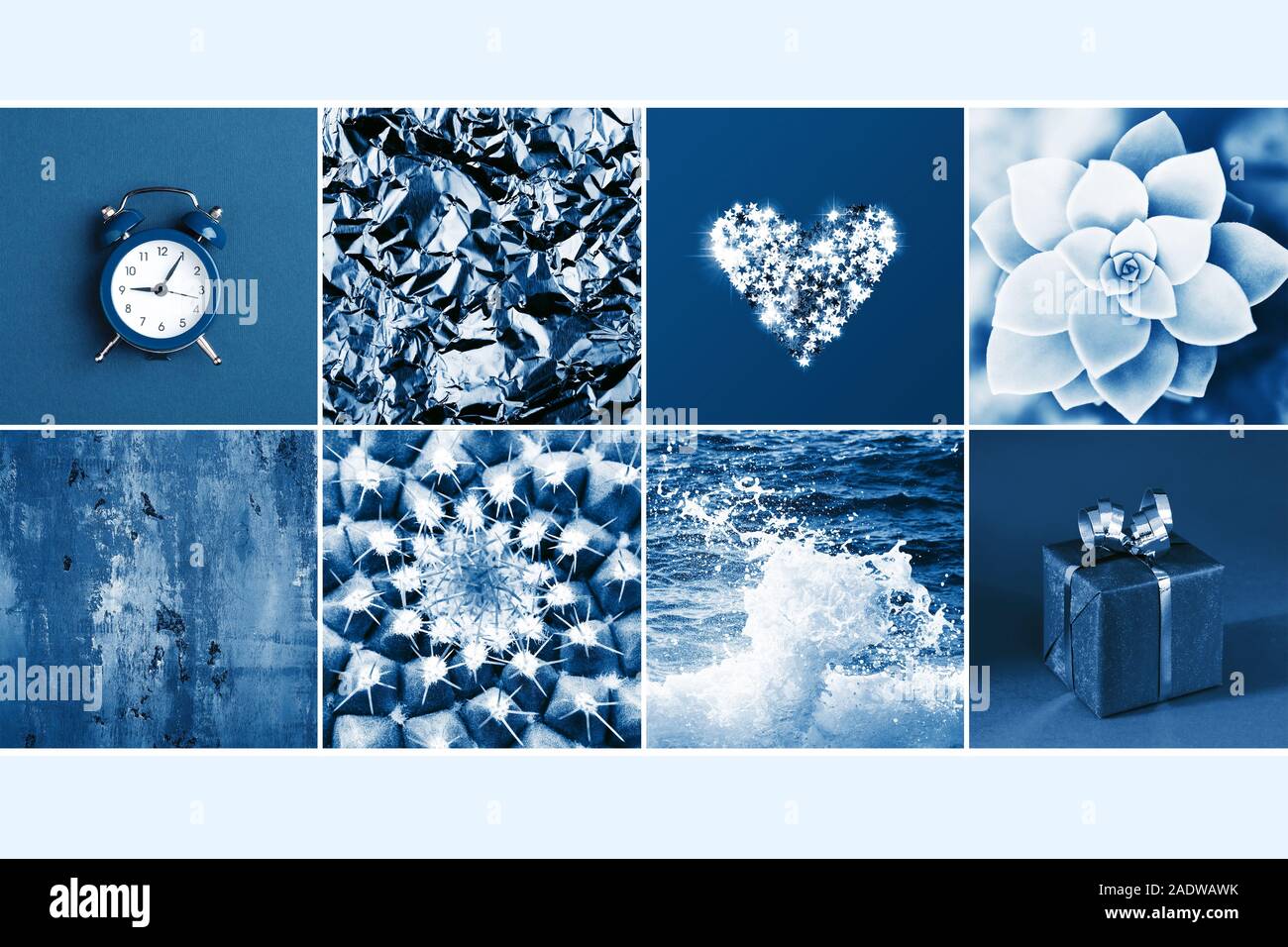 Collage fatto di otto fotografie di tonificazione in colore blu. Sfondi per il design. Foto Stock