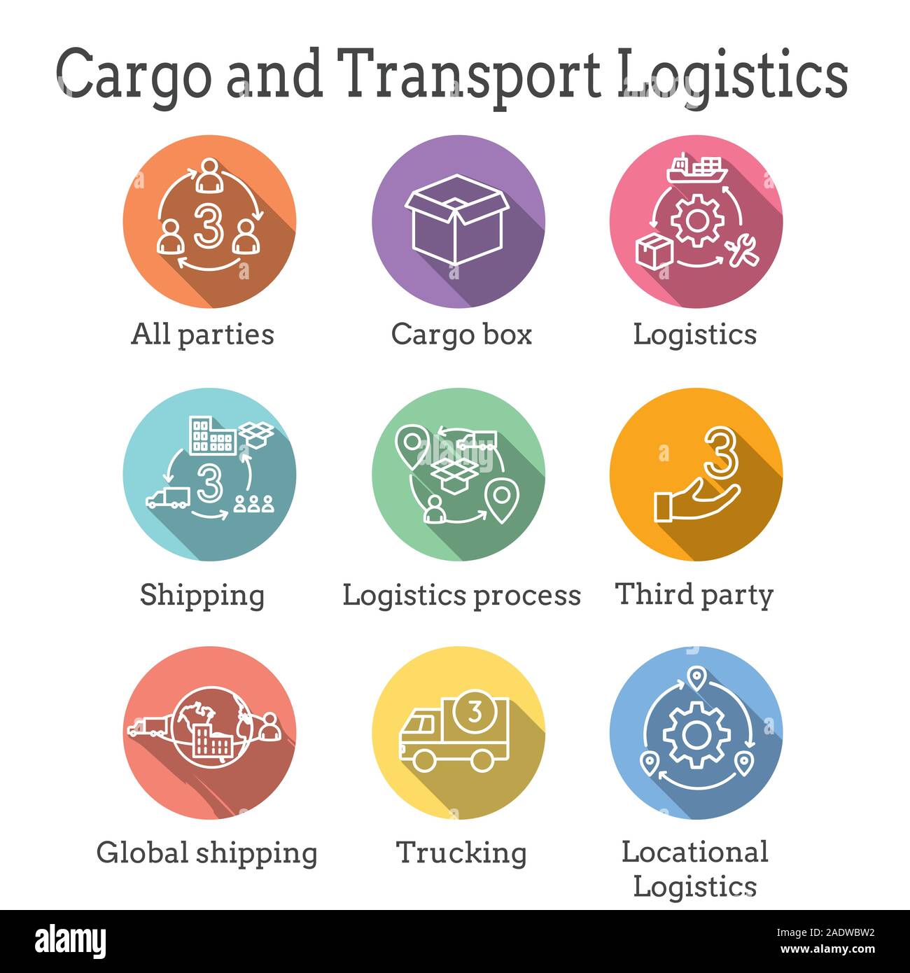 Icona di logistica insieme w edifici, autotrasporti, persone e nella confezione per la spedizione Illustrazione Vettoriale