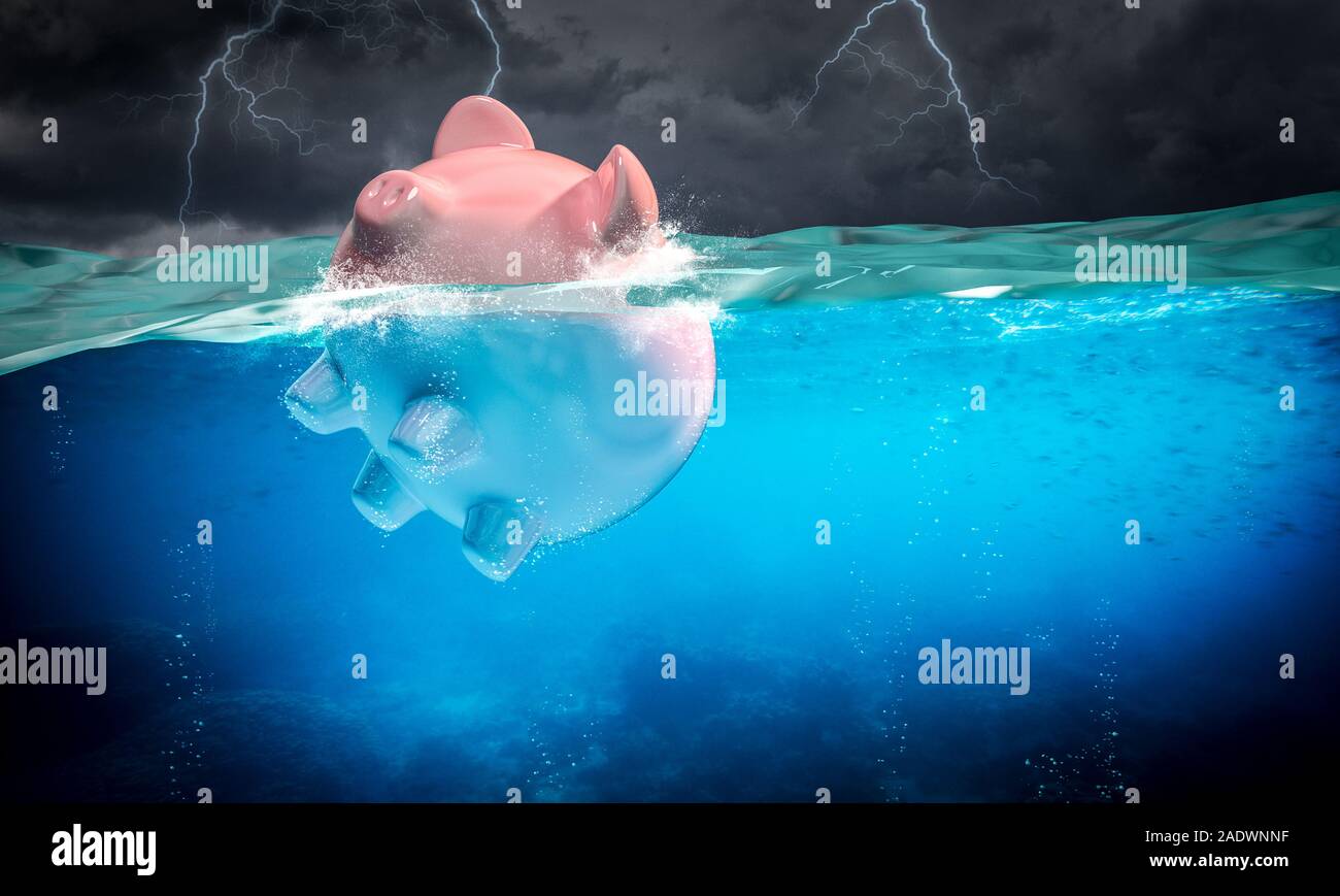 Piggybank galleggia nel mare in tempesta, fulmini in background. Immagine 3D render. concetto di rischio finanziario. Foto Stock