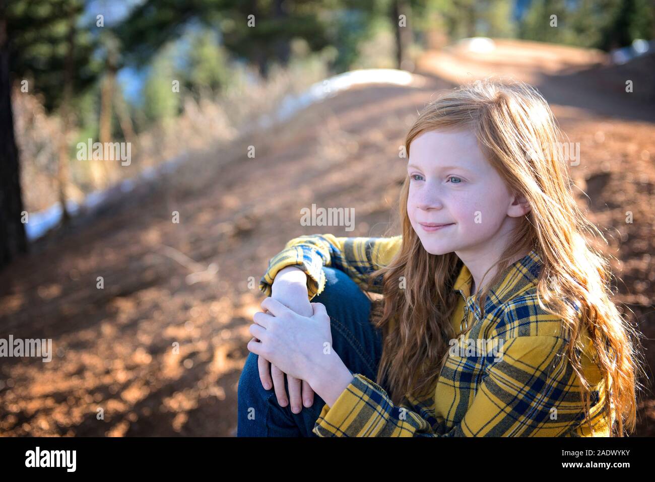 Giovane e bella rossa ragazza seduta al sole sul sentiero di montagna Foto Stock