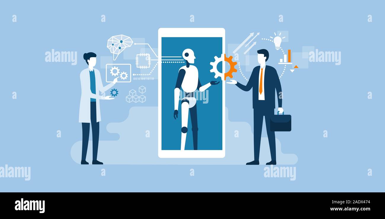 Scienziato, ai robot e imprenditore lavorando insieme: tecnologia artificiale, la progettazione e il concetto di business Illustrazione Vettoriale
