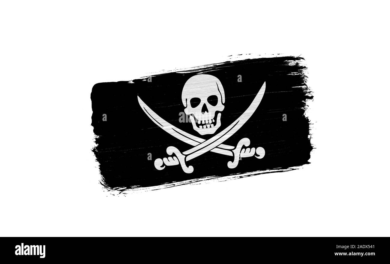 Dipinta a pennello bandiera dei pirati isolato nero su sfondo bianco Foto Stock