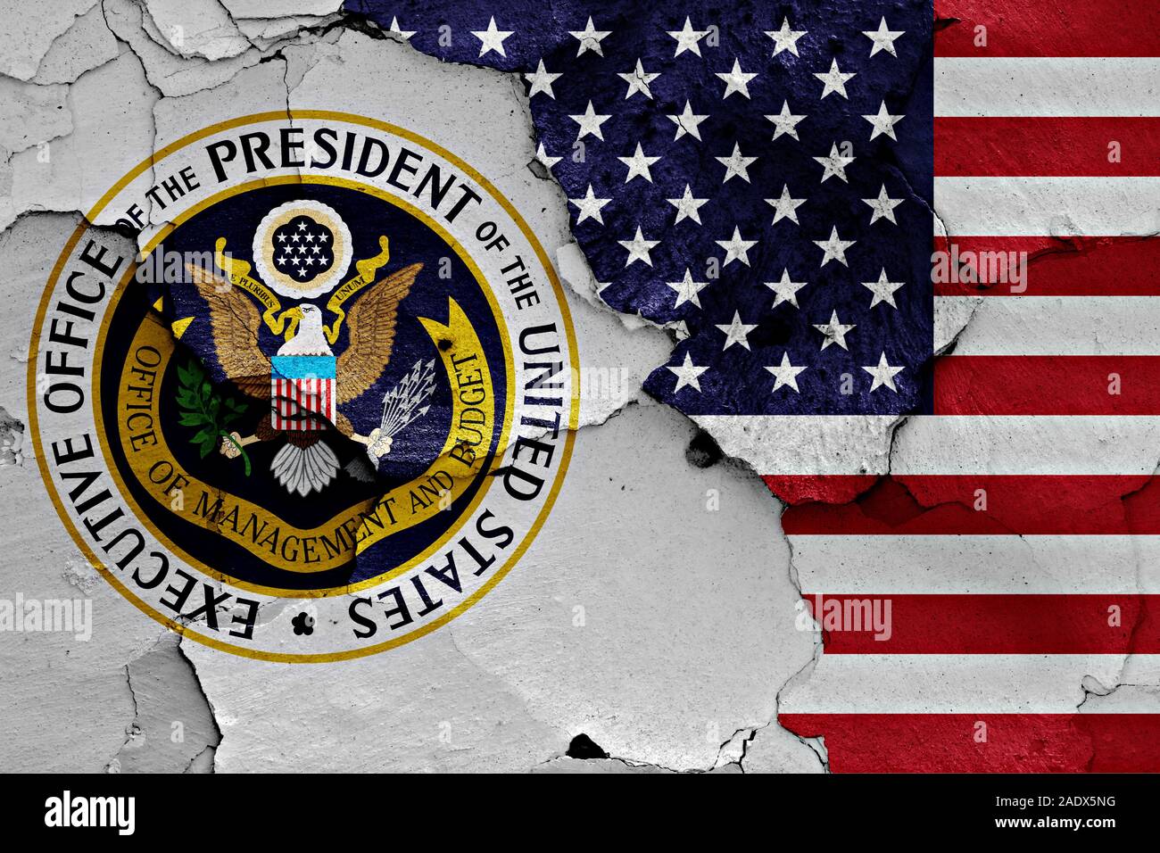 Bandiere di Ufficio di gestione e di bilancio e STATI UNITI D'AMERICA dipinta sulla parete incrinato Foto Stock