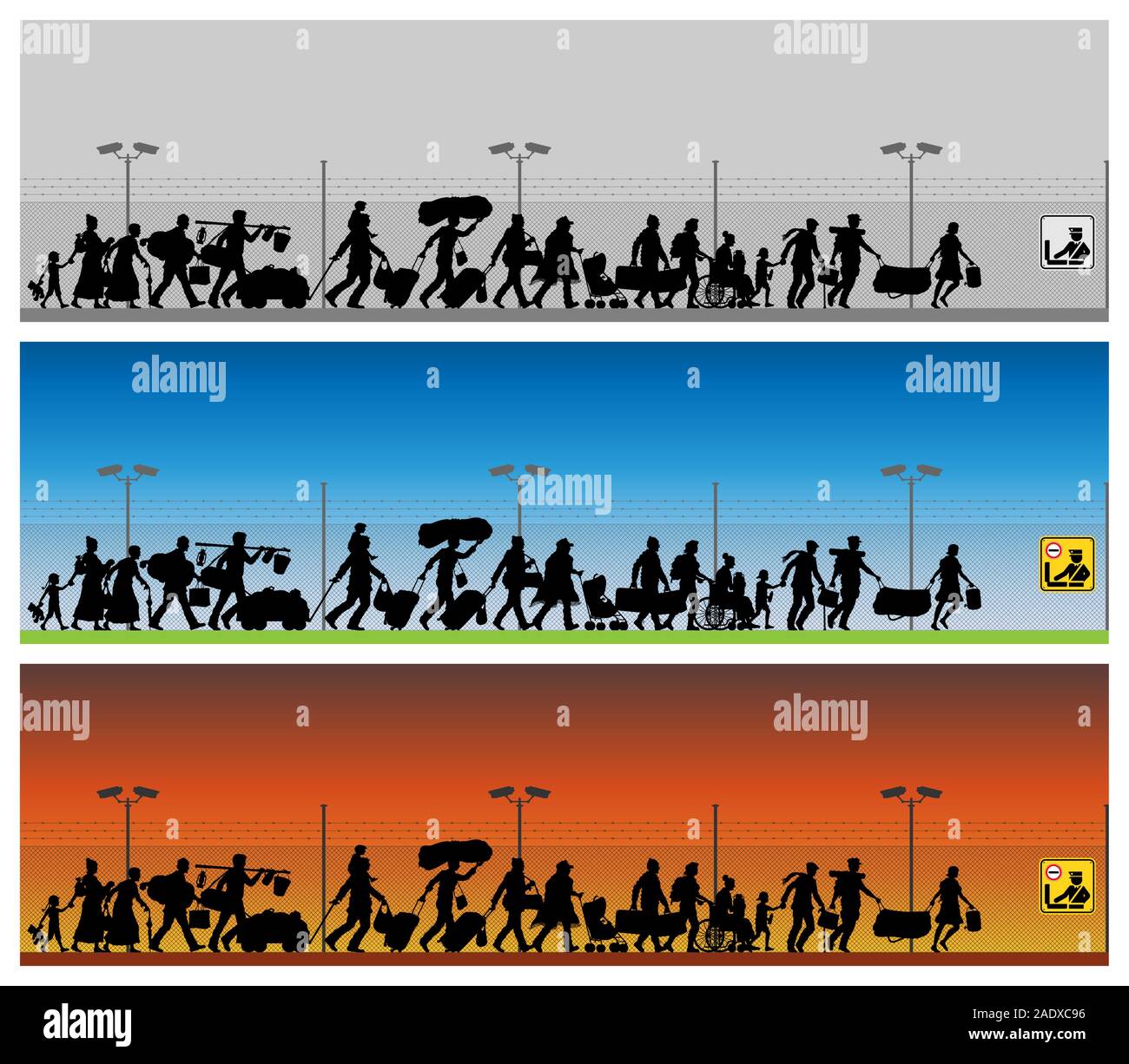 Silhouette degli immigrati nella parte anteriore dei fili di confine. La silhouette gli oggetti e gli sfondi sono in diversi strati. Illustrazione Vettoriale