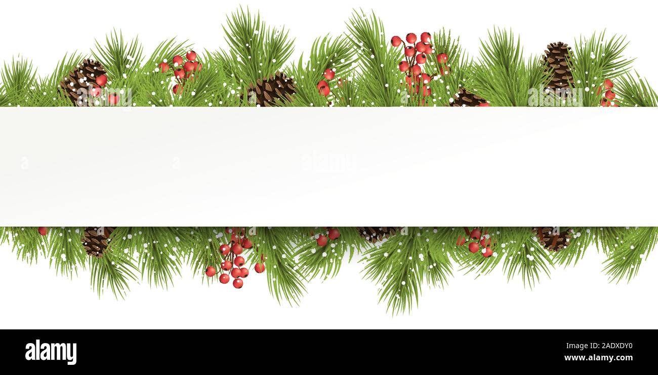 Rami di abete e coni e la caduta di neve dietro vuoto telaio Panorama di inverno di Natale saluti su sfondo bianco Illustrazione Vettoriale