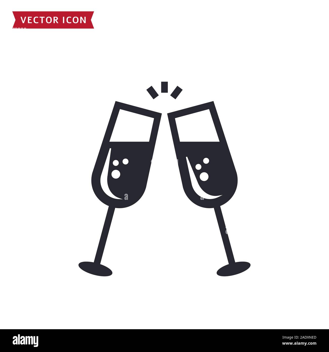 Icona di Champagne isolato su sfondo bianco. Simbolo del vettore per il Natale, Capodanno, Festa di compleanno o di altri temi di celebrazione. Due bicchieri tintinnanti. Illustrazione Vettoriale