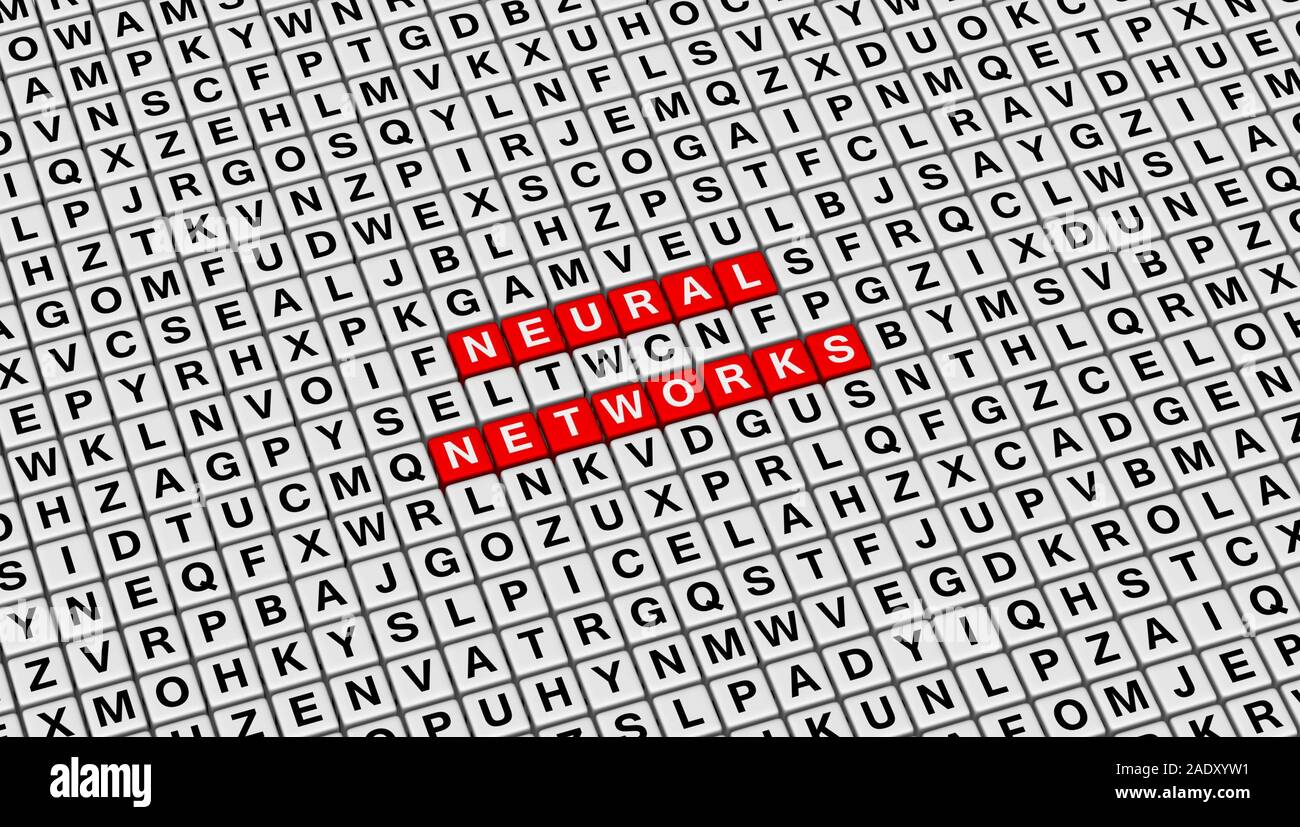 Le reti neurali di parole sul 3D sfondo i cubi con lettere casuali per la presentazione della pagina del titolo. Foto Stock
