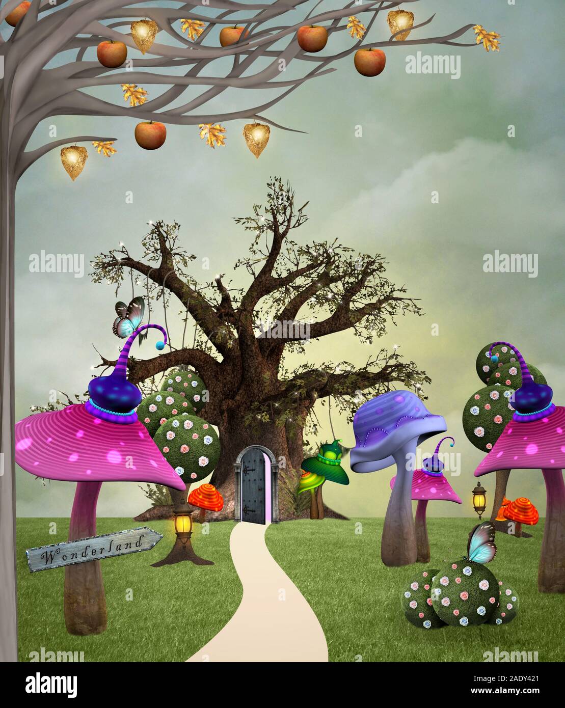 Giardino di fantasia con funghi colorati e albero di casa con la porta aperta Foto Stock