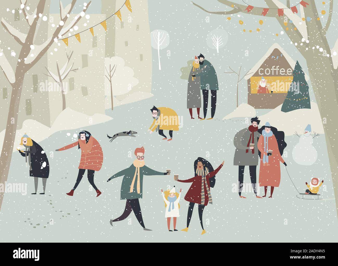 Cartoon felici le persone di godere in inverno nevica street. Tempo di vacanza Illustrazione Vettoriale