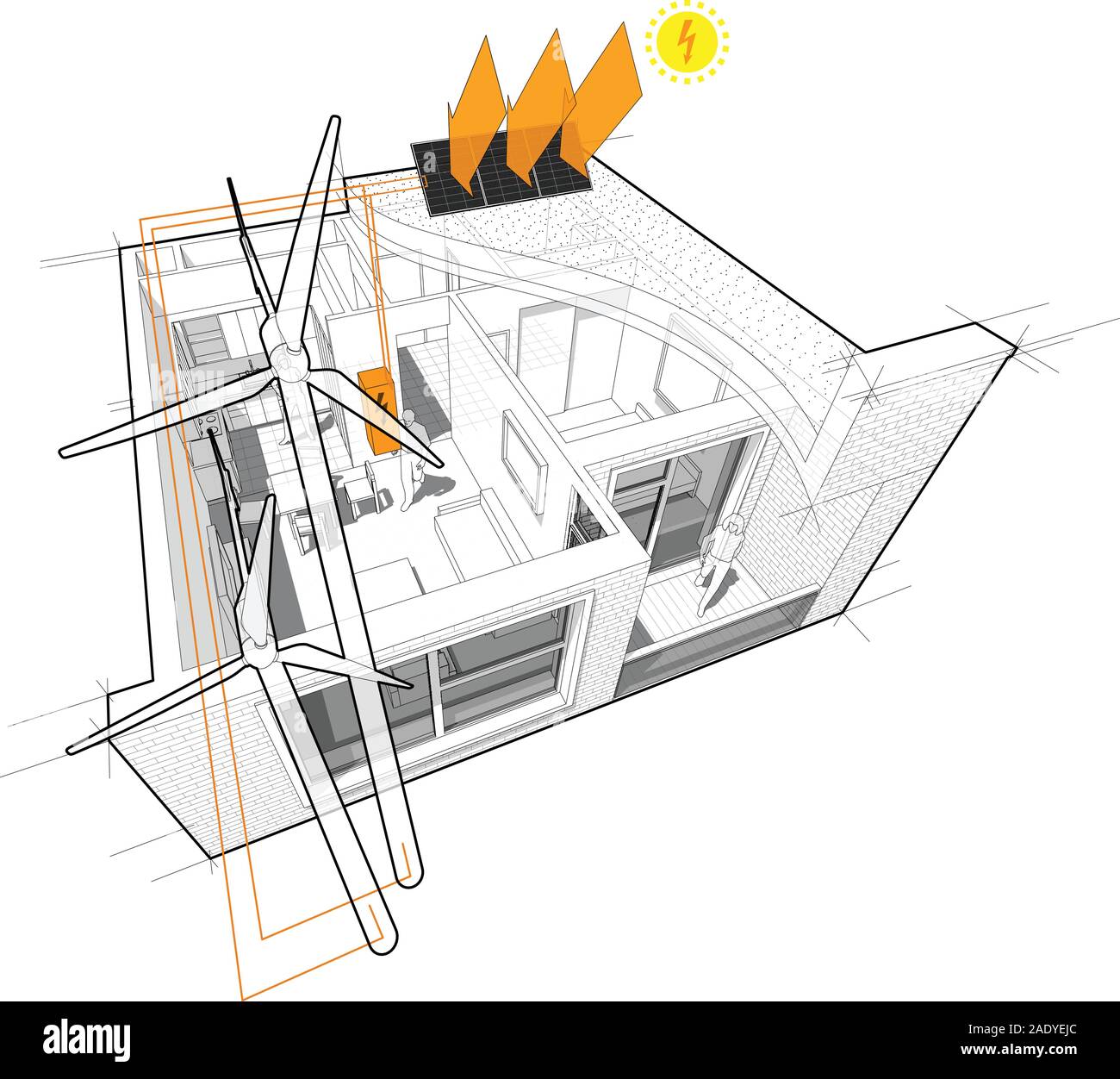 Schema di un appartamento con una camera da letto con tetto piatto spaccata su di esso con le turbine eoliche e pannelli fotovoltaici sul tetto come sorgente di energia elettrica Illustrazione Vettoriale