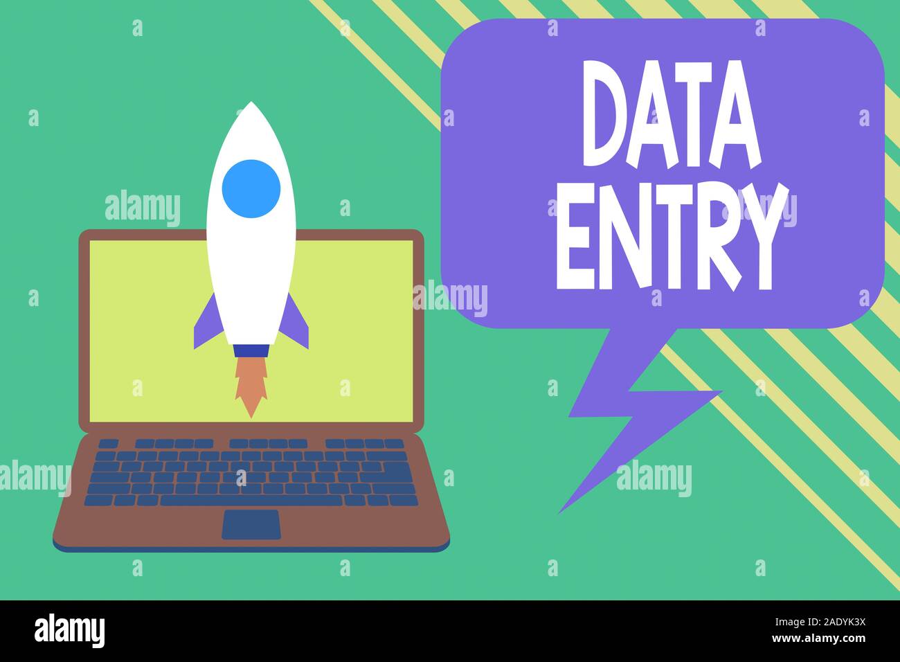 Scrittura testo scrittura dati voce. Foto concettuale processo di inserimento dati o informazioni nel computer di lancio fino a razzo portatile . Startup Foto Stock