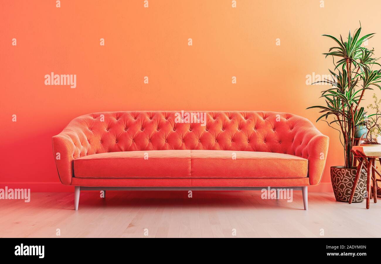 Vivid soggiorno lussureggianti lava la parete interna mock up luminoso con  divano arancio, parete vuota con spazio libero sopra sulla parte superiore,  3D rendering 3D illustrazione Foto stock - Alamy