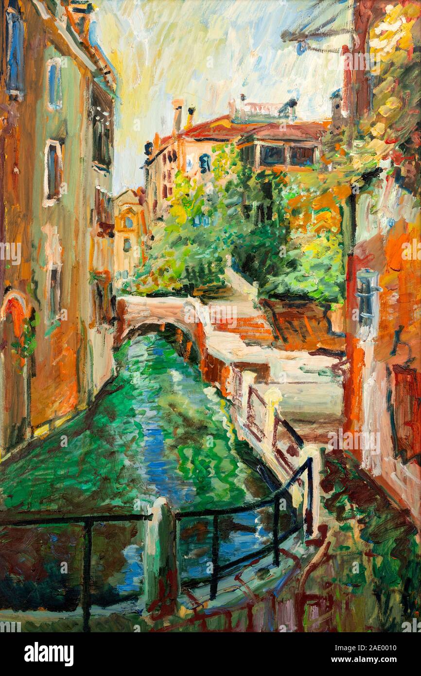 Un dipinto a olio di architettura veneziana e canale d'acqua di Venezia, Italia. Foto Stock