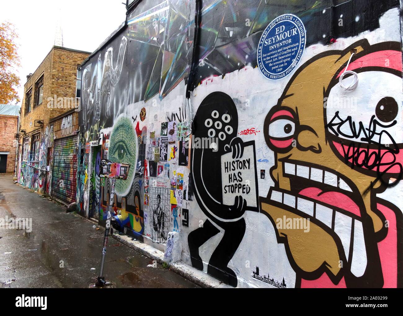 La storia si è fermata, ed Seymour, Brick Lane, arte e graffiti, Shoreditch, Tower Hamlets, East End, Londra, Sud Est, Inghilterra, Regno Unito, E1 6QL Foto Stock