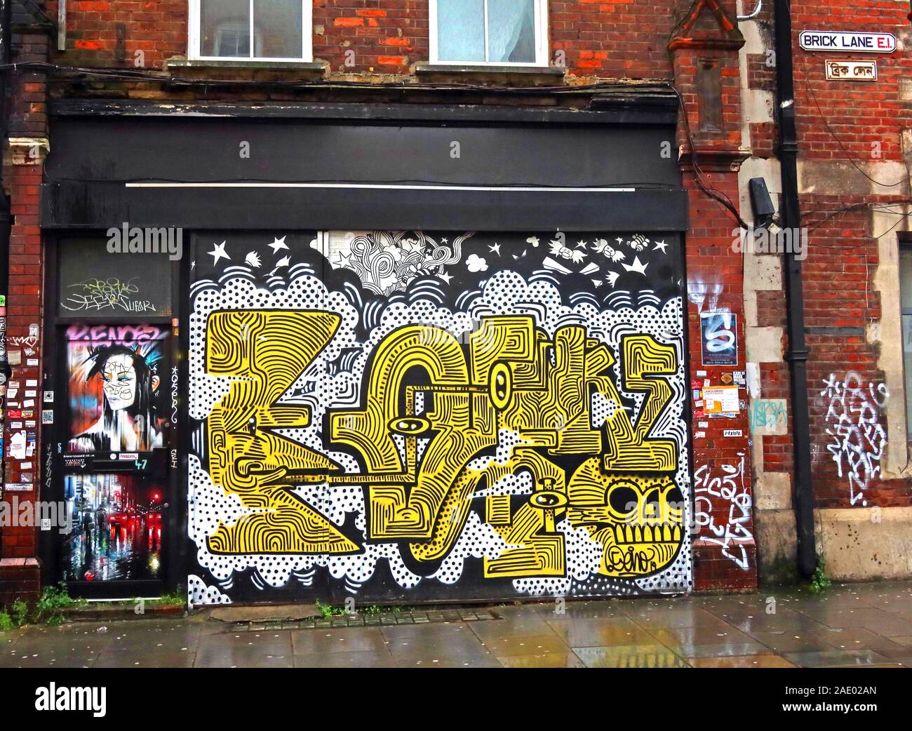 Negozio di fronte, Brick Lane, arte e graffiti, Shoreditch, Tower Hamlets, East End, Londra, Sud-est, Inghilterra, Regno Unito, E1 6QL Foto Stock