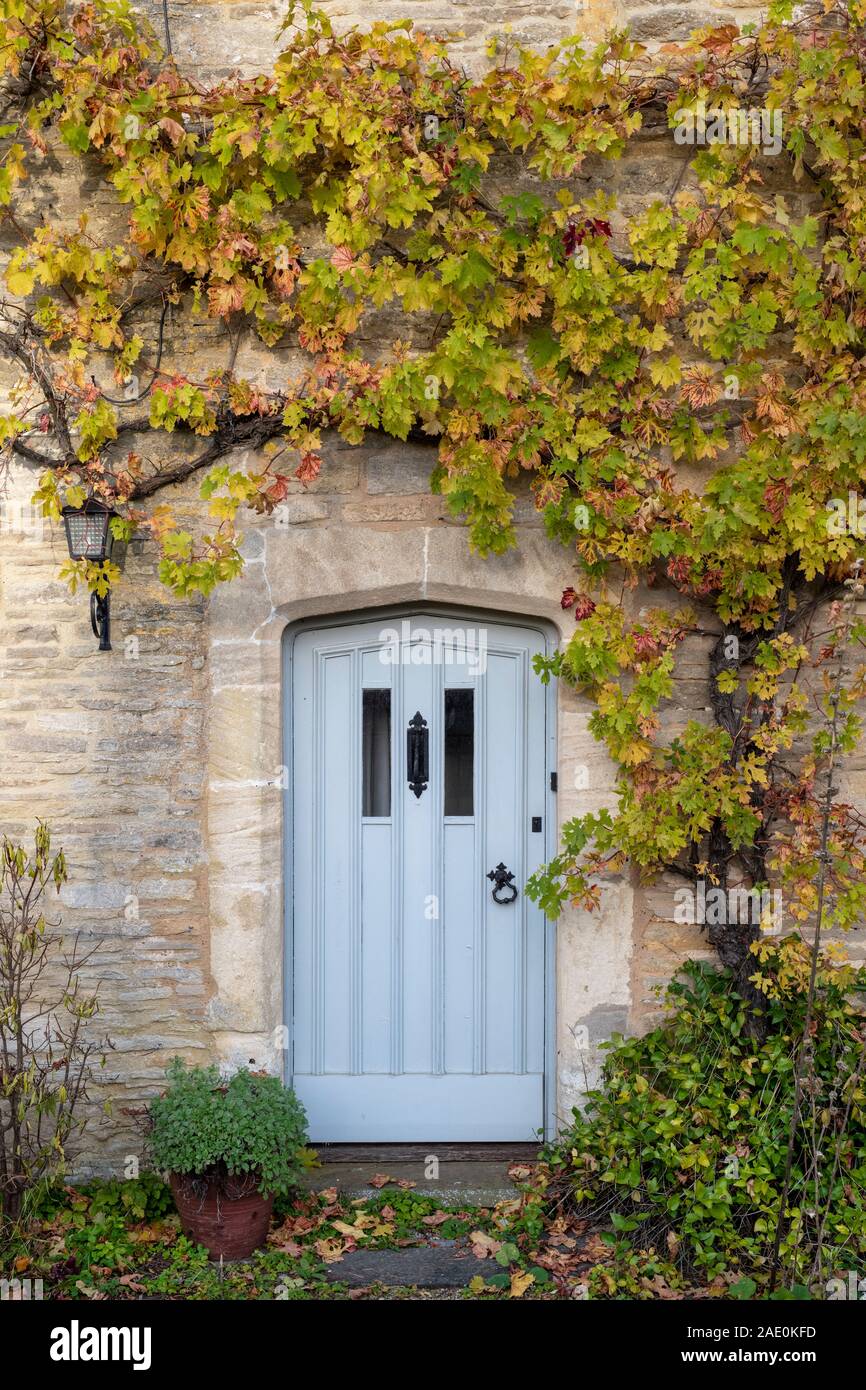Vitigno fogliame in autunno intorno a cotswold cottage in pietra in Lower Slaughter, Cotswolds, Gloucestershire, Inghilterra Foto Stock