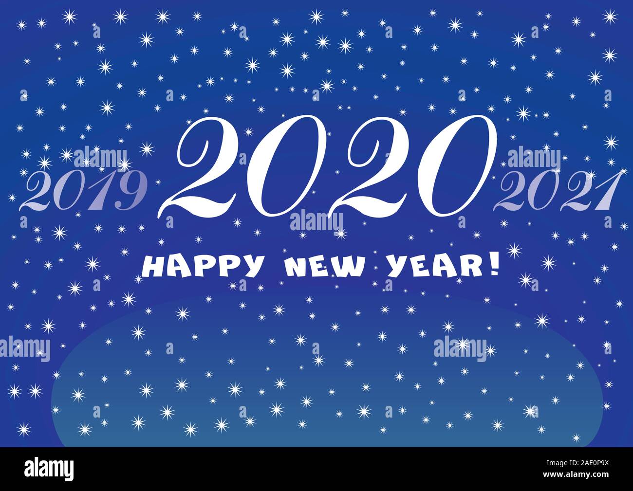 2020 Felice Anno Nuovo classico sfondo blu con stelle bianche e i fiocchi di neve per il vostro volantini stagionali e biglietto di auguri o di Natale. Illustrazione Vettoriale