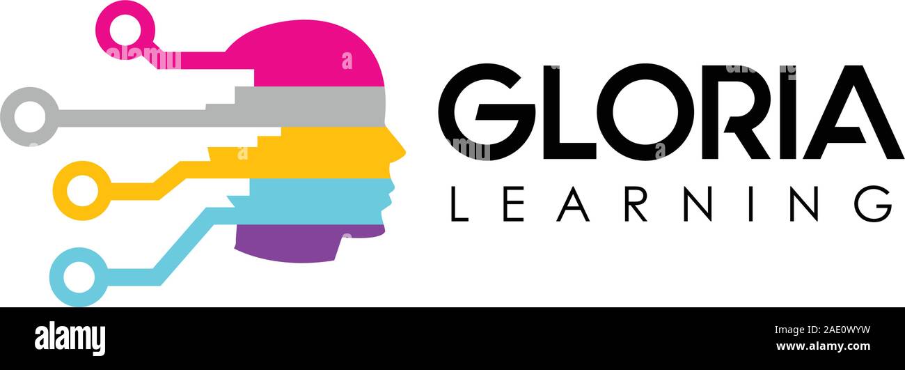 Gloria di apprendimento, apprendimento digitale Logo Design Template, testa persone il concetto di logo, pensando, mentalità, colorata, rosa, viola, viola, giallo luce GRE Illustrazione Vettoriale