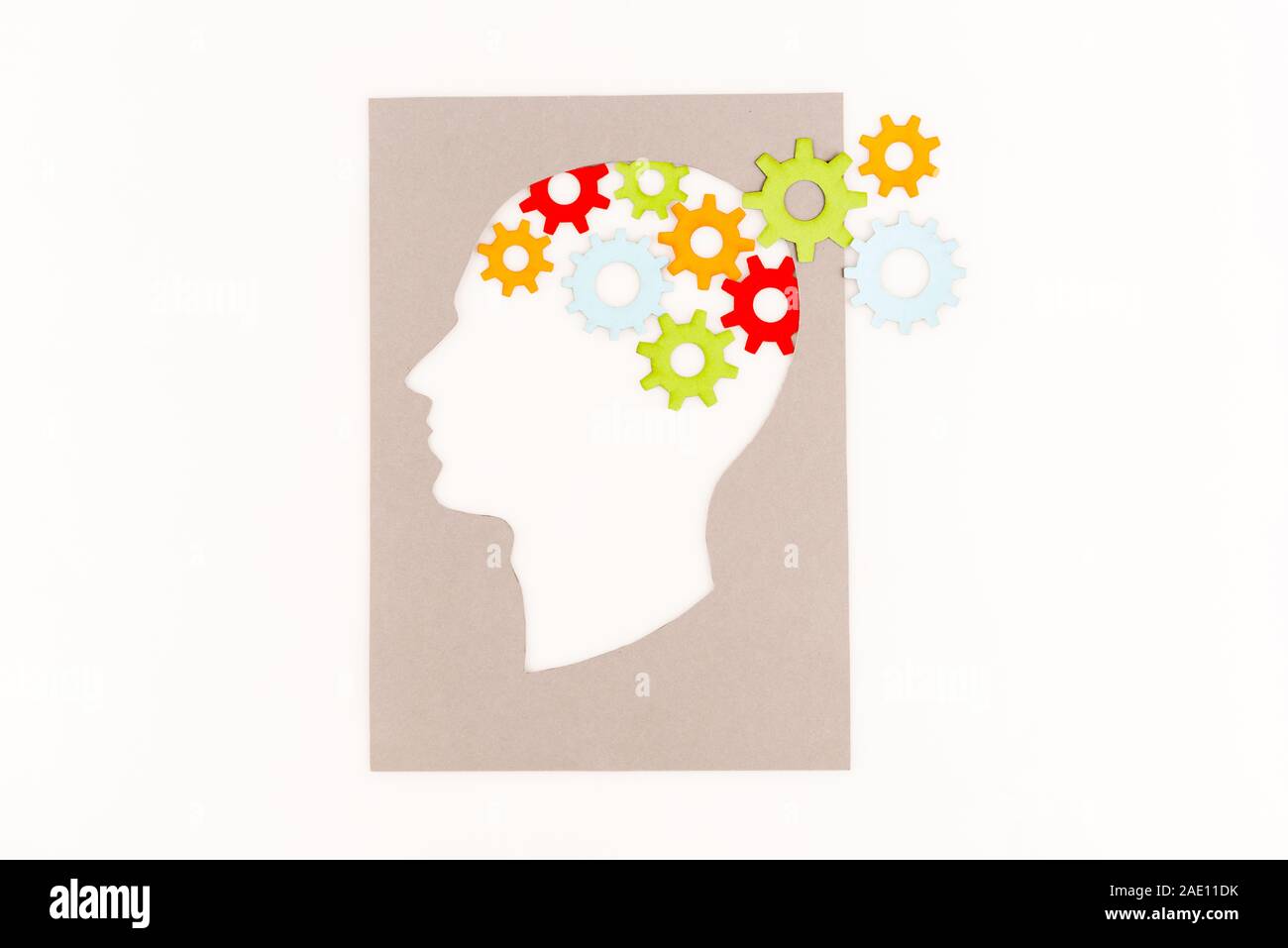 Vista superiore della testa umana silhouette con ingranaggi isolato su bianco Foto Stock