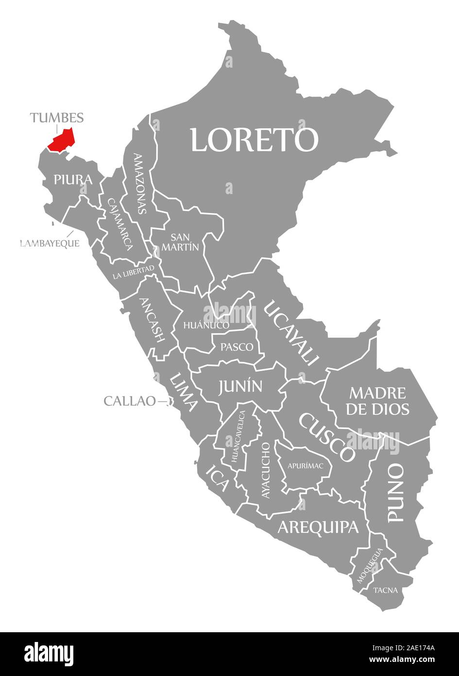 Tumbes evidenziata in rosso nella mappa di Perù Foto Stock
