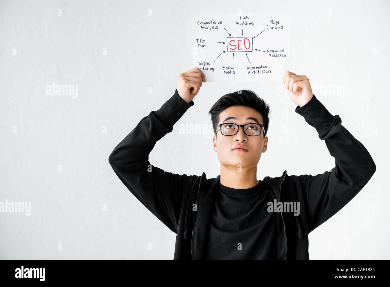 Asian seo manager di detenzione e guardando la carta con le parole il concetto di seo Foto Stock