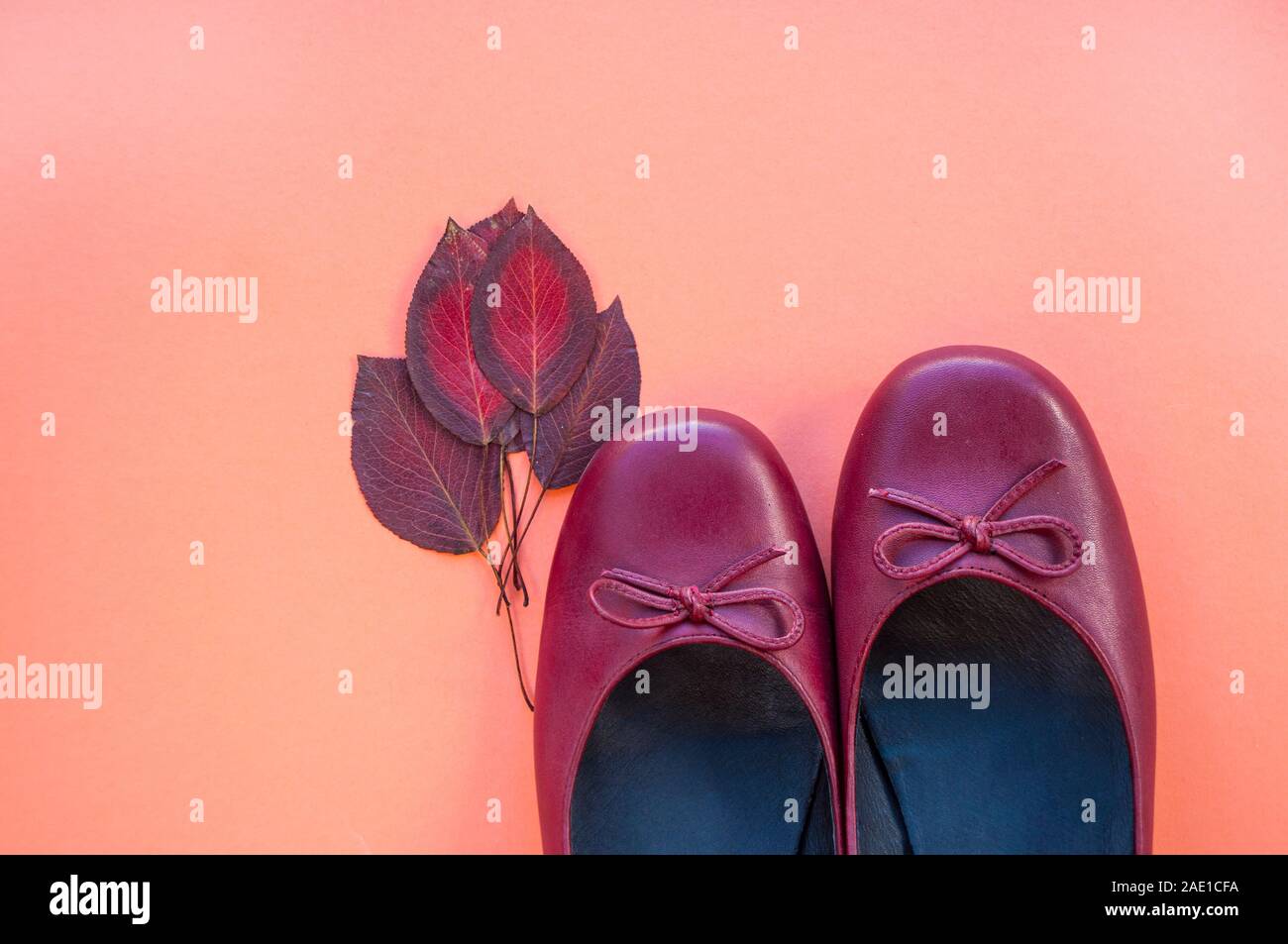 Femmina eleganti scarpe piatte in colore rosso scuro e foglie di autunno su orange Colore sfondo della carta con copyspace. Autunno collezione fashion concept. Foto Stock