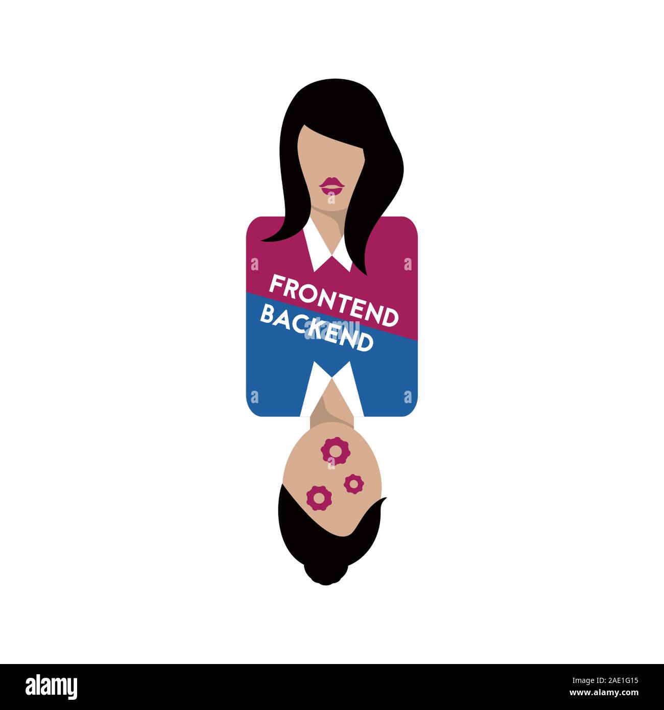 Frontend e backend. Icona del piatto. Programmatore di donna. Illustrazione Vettoriale. Lo sviluppo del software. Illustrazione Vettoriale