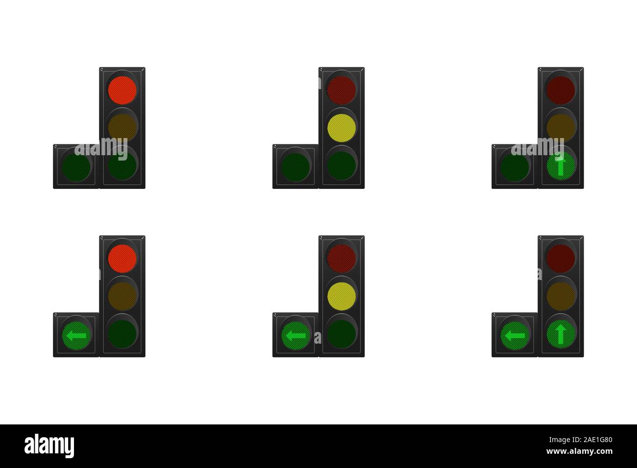 Serie di semafori. Rosso, giallo e verde. Freccia diritta, girare a sinistra. Illustrazione Vettoriale. Illustrazione Vettoriale