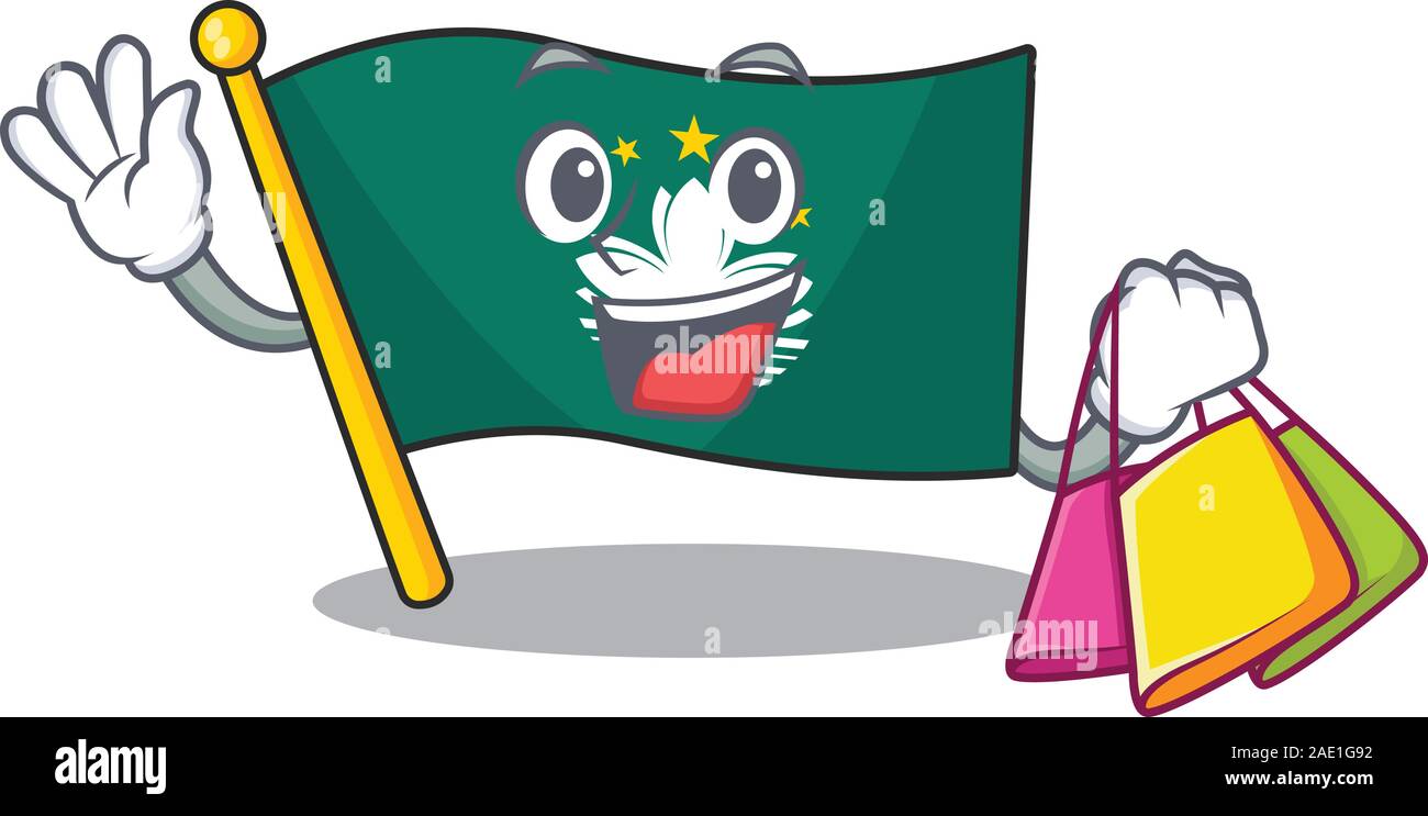 Allegro bandiera macao personaggio dei fumetti gesticolando e azienda Shopping bag Illustrazione Vettoriale