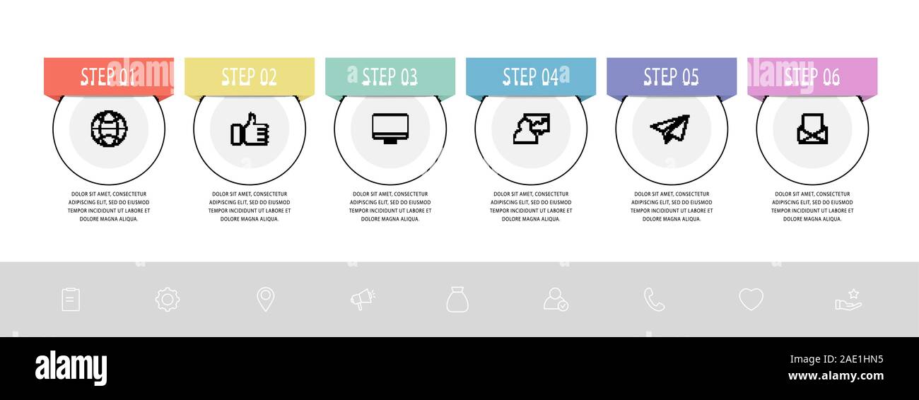 Vettore di linea piatta modello infographics cerchio. Il concetto di business con 6 opzioni e le etichette. Sei fasi per i diagrammi, presentazione, del diagramma di flusso, la timeline Illustrazione Vettoriale