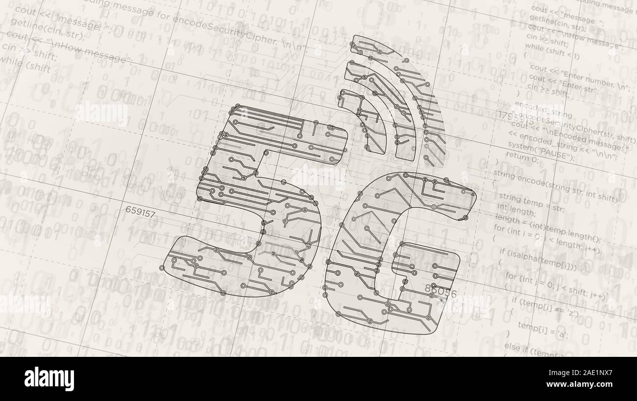 5g mobile il progetto di rete di creare. Concetto astratto di IOT, telefono, collegamento e la tecnologia di comunicazione 3d'illustrazione. Disegno schema digitale li Foto Stock