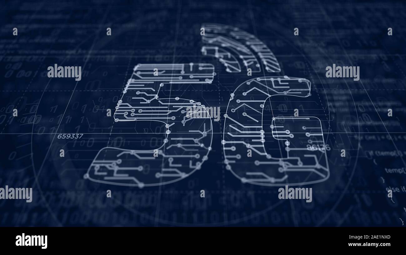 5g mobile il progetto di rete di creare. Concetto astratto di IOT, telefono, collegamento e la tecnologia di comunicazione 3d'illustrazione. Disegno schema digitale li Foto Stock