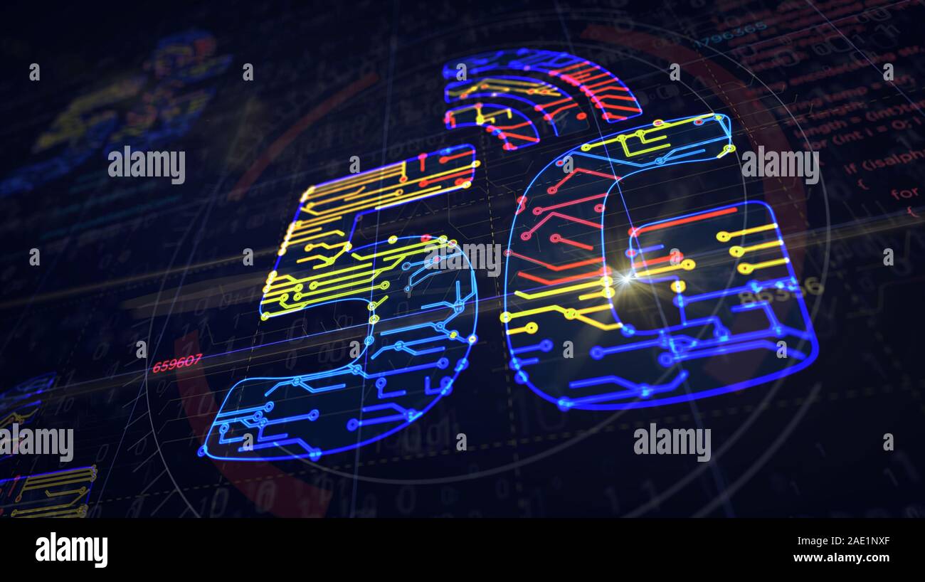 5g mobile il progetto di rete di creare. Concetto astratto di IOT, telefono, collegamento e la tecnologia di comunicazione 3d'illustrazione. Disegno schema digitale li Foto Stock