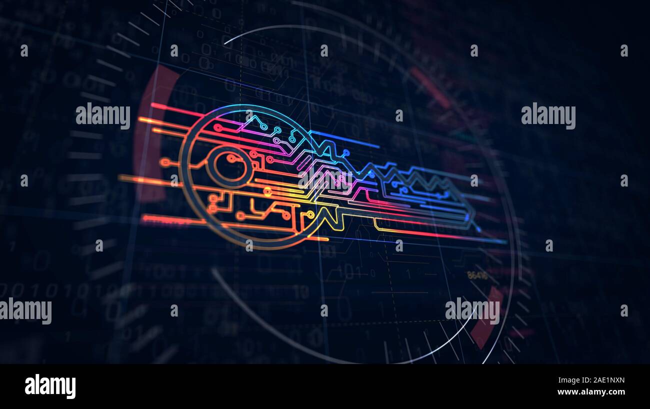 Cyber security key icona progetto creazione. Concetto astratto di protezione del computer, la sicurezza in internet, crittografia crittografia e firewall 3d illustrat Foto Stock