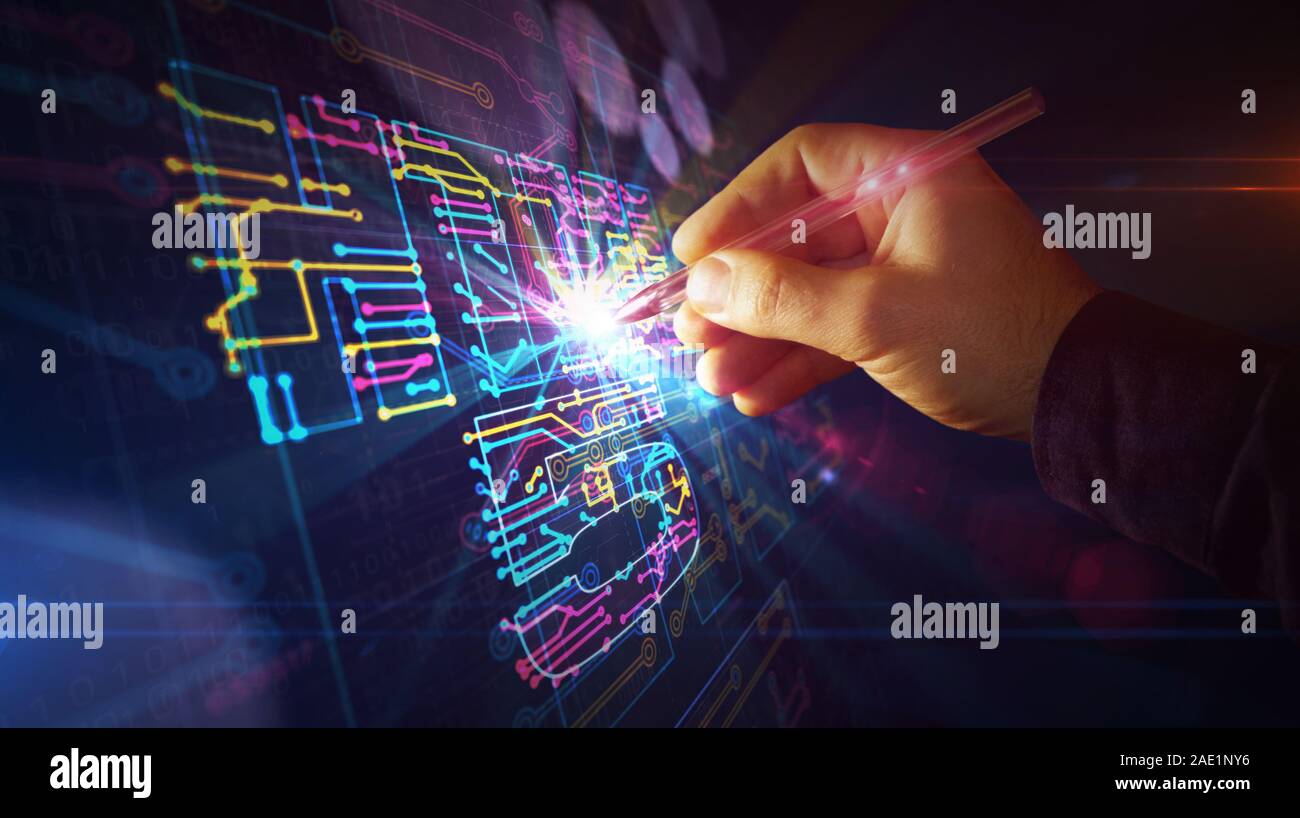5g mobile il progetto di rete di creare. Concetto astratto di IOT, telefono, collegamento e la tecnologia di comunicazione 3d'illustrazione. Disegno schema digitale li Foto Stock