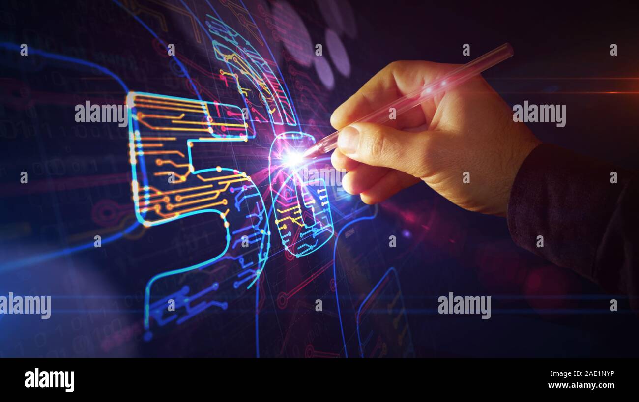 5g mobile il progetto di rete di creare. Concetto astratto di IOT, telefono, collegamento e la tecnologia di comunicazione 3d'illustrazione. Disegno schema digitale li Foto Stock