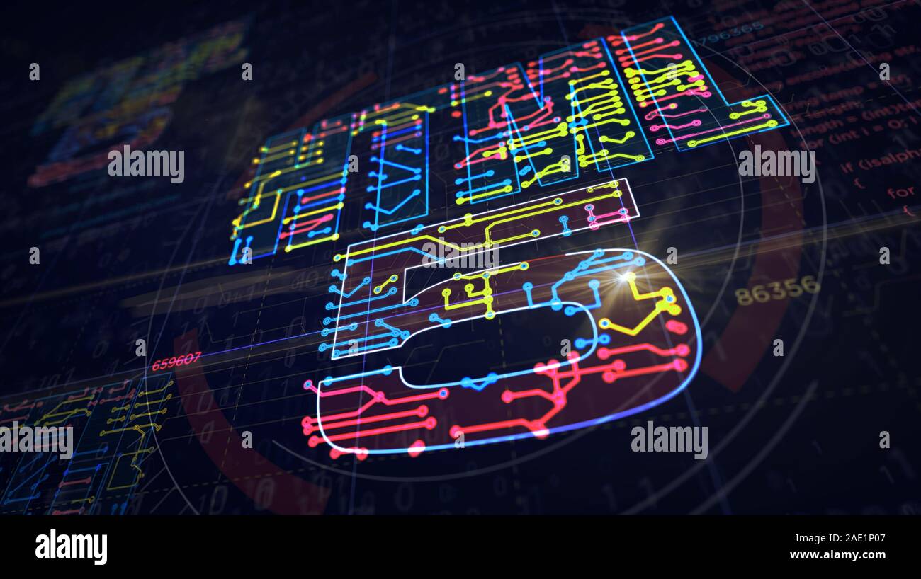 5g mobile il progetto di rete di creare. Concetto astratto di IOT, telefono, collegamento e la tecnologia di comunicazione 3d'illustrazione. Disegno schema digitale li Foto Stock