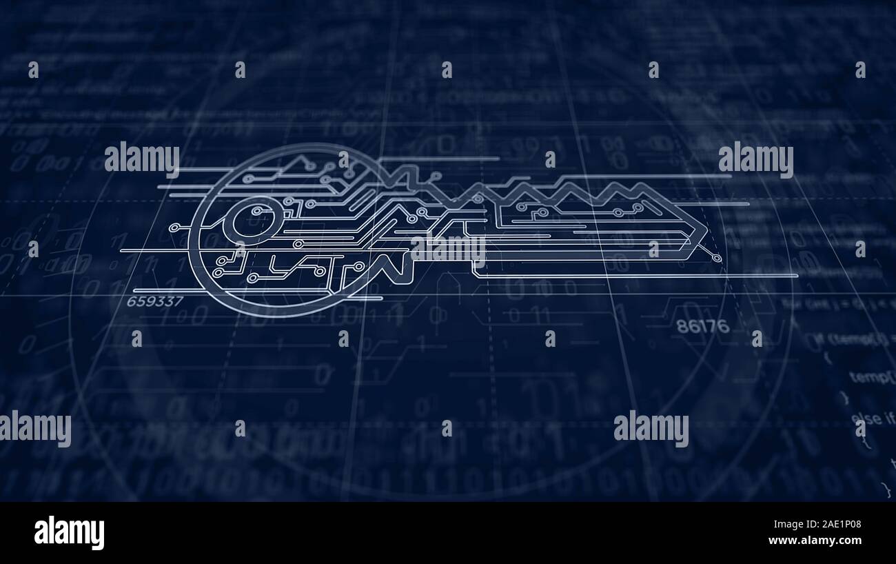 Cyber security key icona progetto creazione. Concetto astratto di protezione del computer, la sicurezza in internet, crittografia crittografia e firewall 3d illustrat Foto Stock