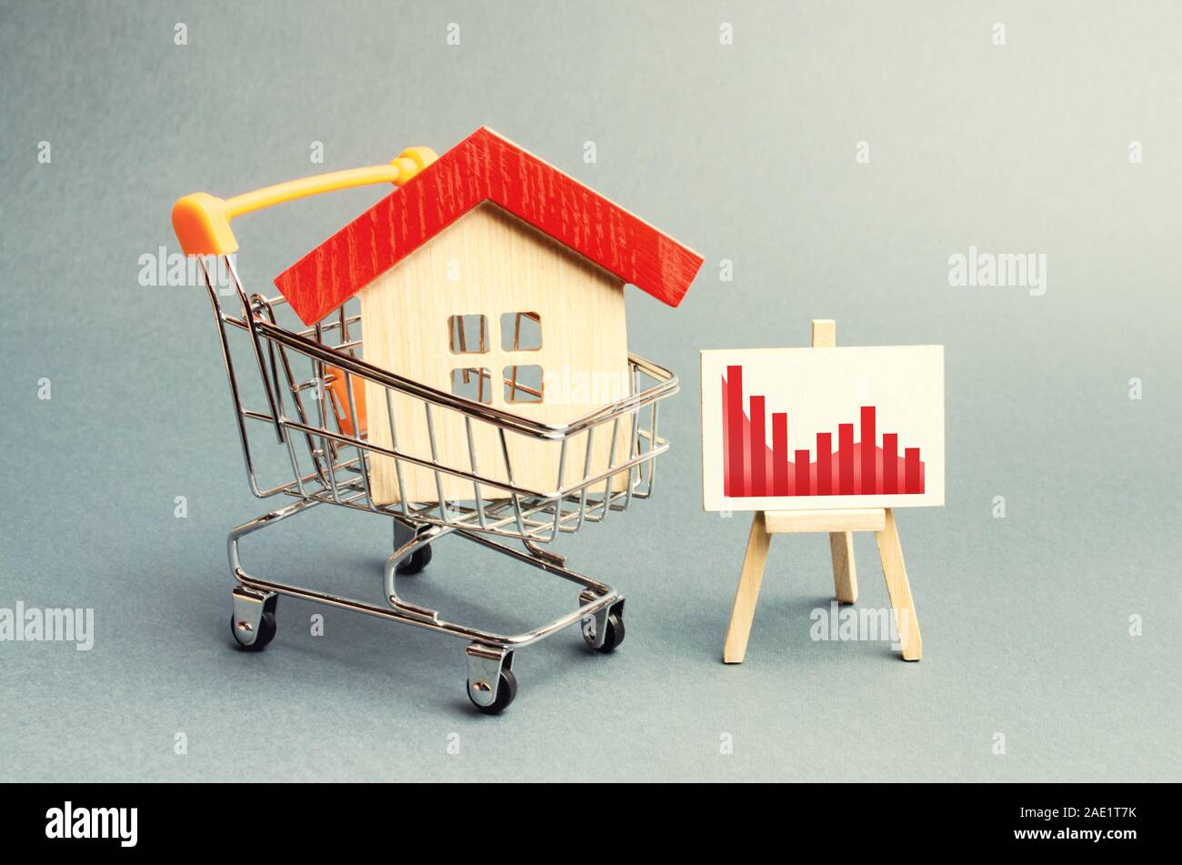 Casa nel carrello della spesa e un cavalletto con rosso negativo grafico di tendenza. caduta del mercato immobiliare. concetto di valore o di riduzione del costo. bassa liquidità Foto Stock