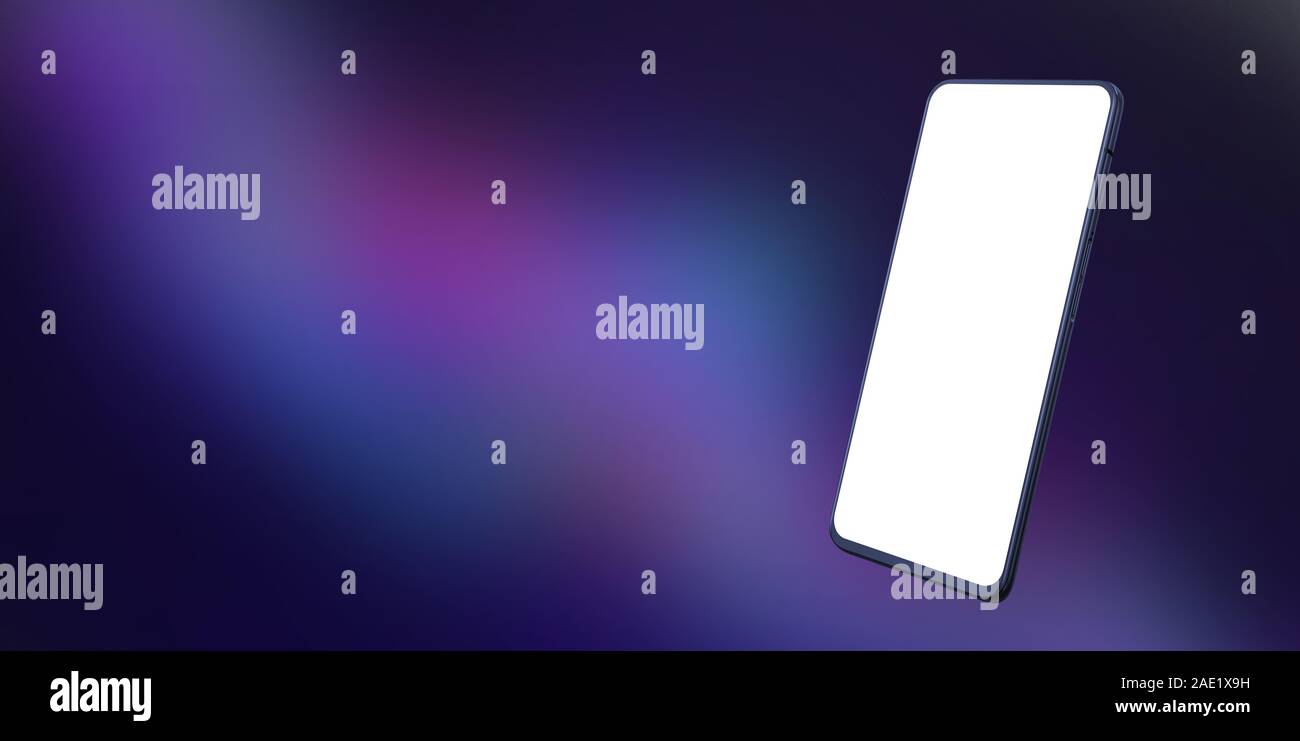 Telefono moderno mockup con sfondo astratto. Schermo isolato per app o di un sito web di promozione del design. Copia spazio accanto per promo text Foto Stock