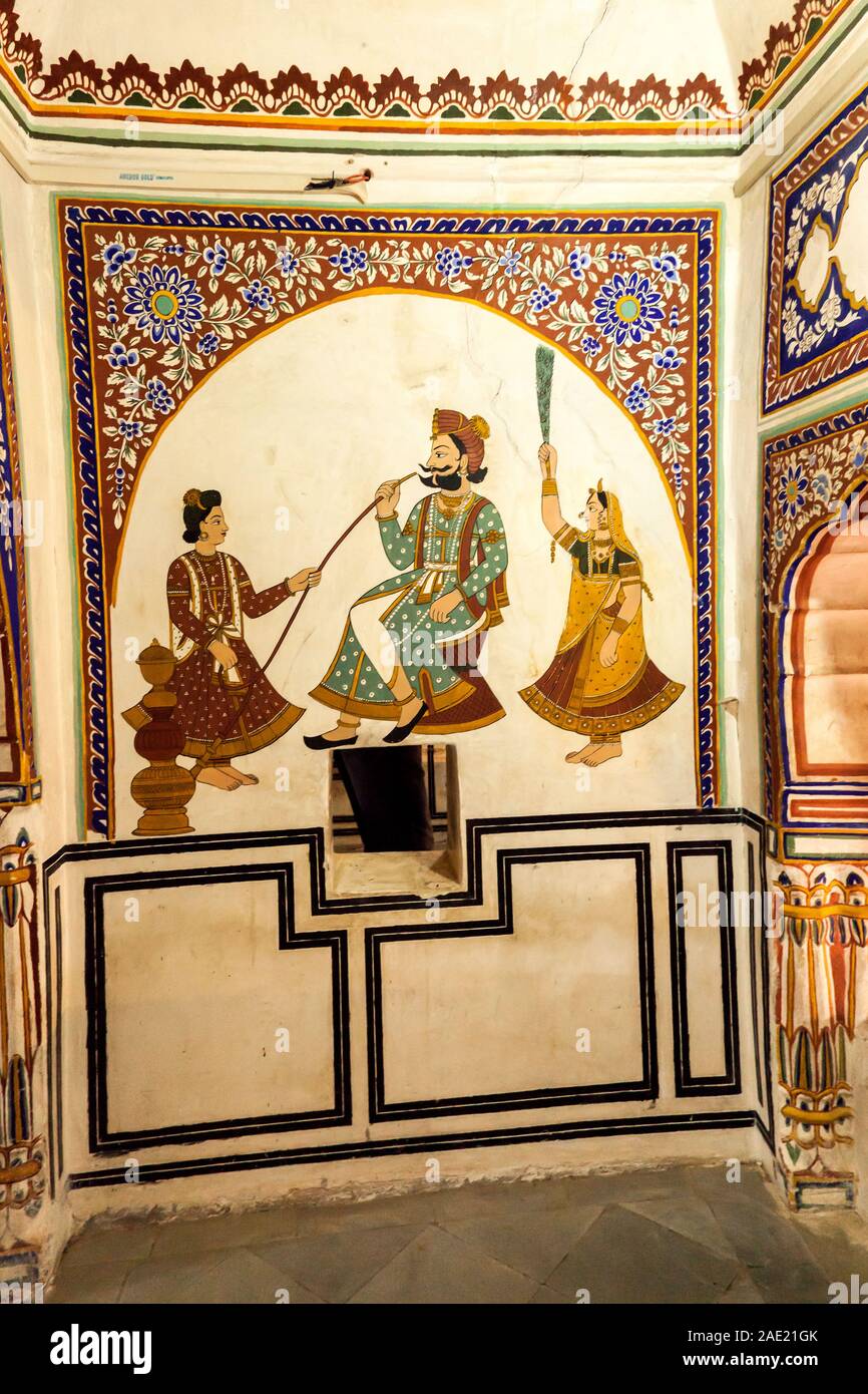 Pittura murale, Ramnath Podar Haveli Museum, Nawalgarh, Shekhawati, Rajasthan, India, Asia Foto Stock