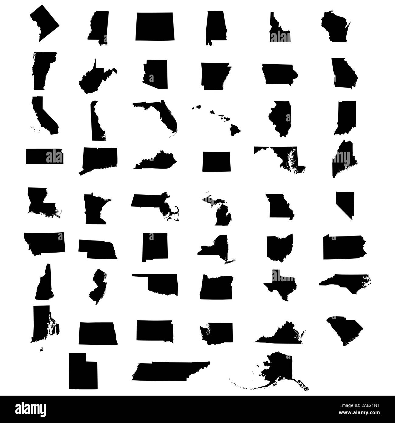 Raccolta completa degli stati degli Stati Uniti e del Distretto di Columbia. Sagome di icone su un bianco Illustrazione Vettoriale