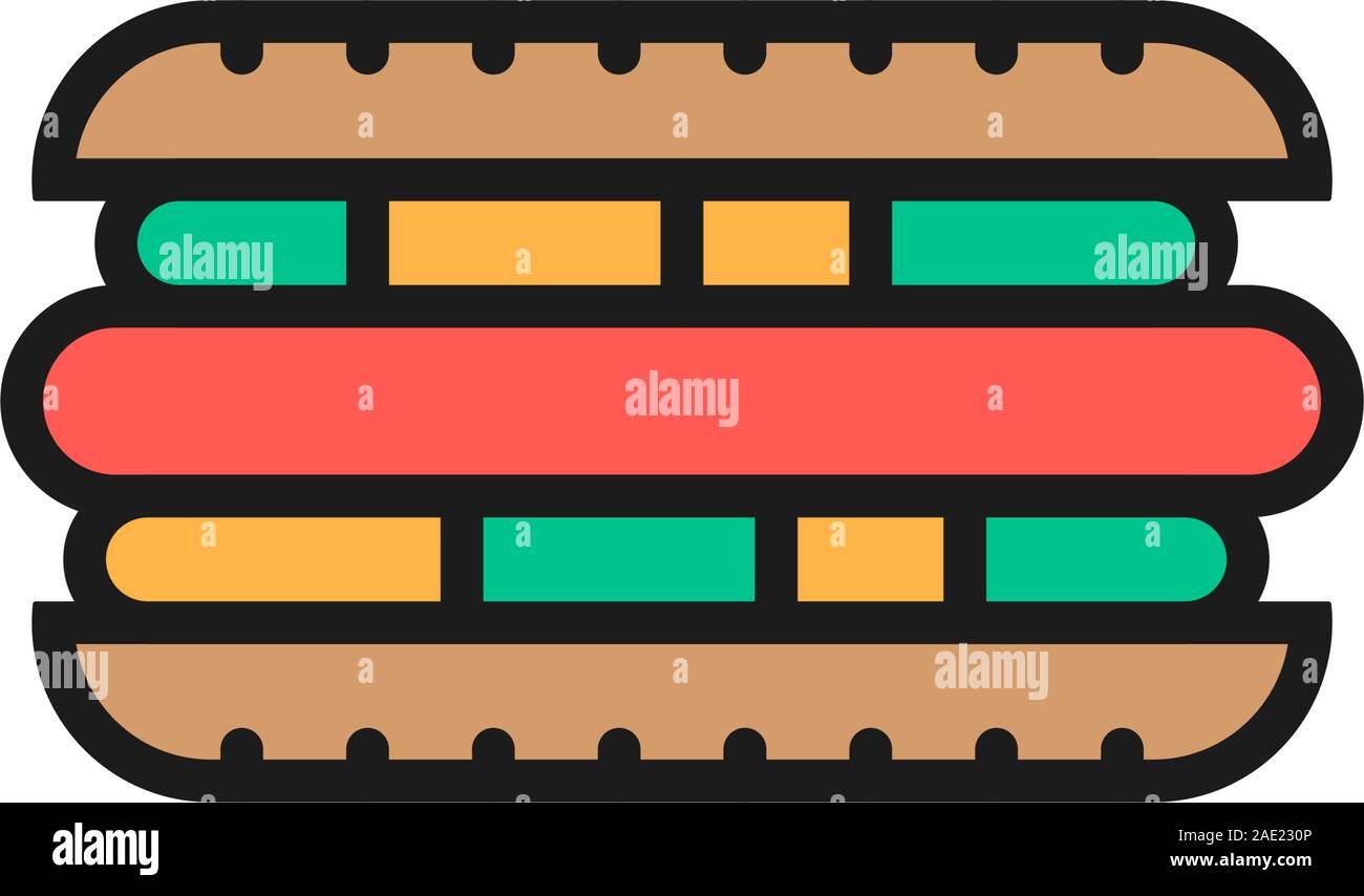 Hot Dog, sandwich, cibo di strada piana linea colore icona. Illustrazione Vettoriale
