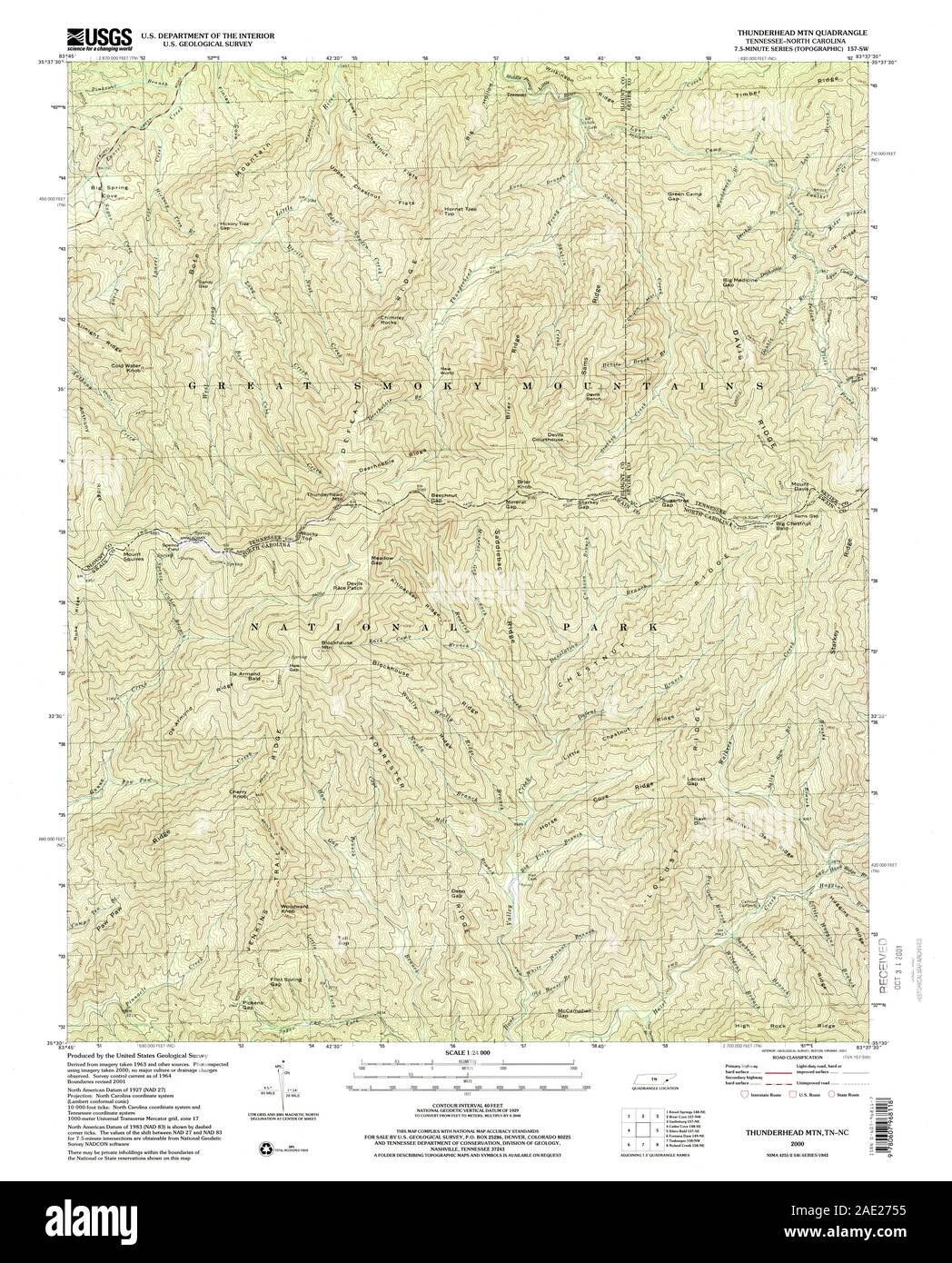 USGS TOPO Map Tennessee TN Thunderhead Mtn 148737 2000 24000 Restauro Foto Stock