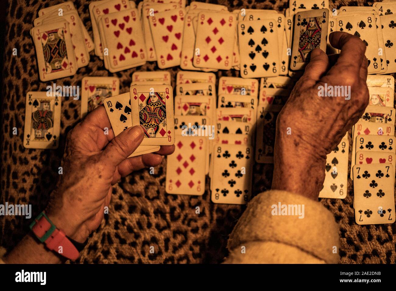 Vecchia donna giocando le carte di pazienza. Foto Stock