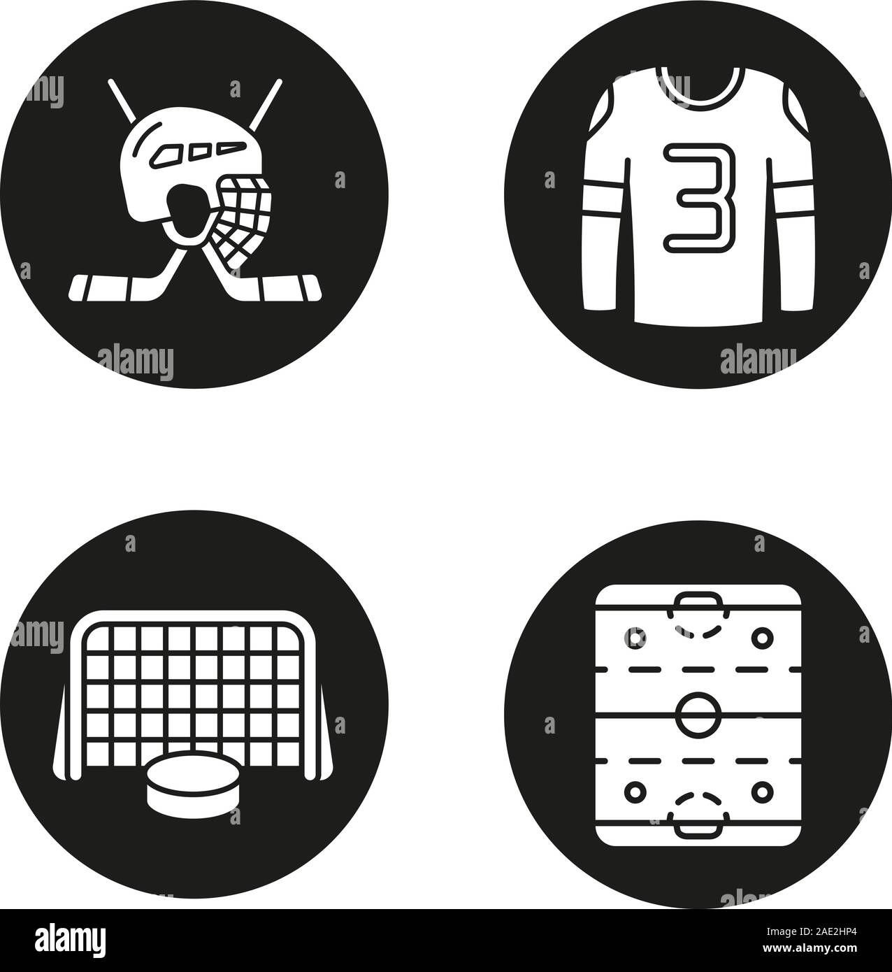 Hockey set di icone. Bastoni e casco, rink, maglietta, puck in cancelli. Vettore silhouette bianca illustrazioni di cerchi neri Illustrazione Vettoriale