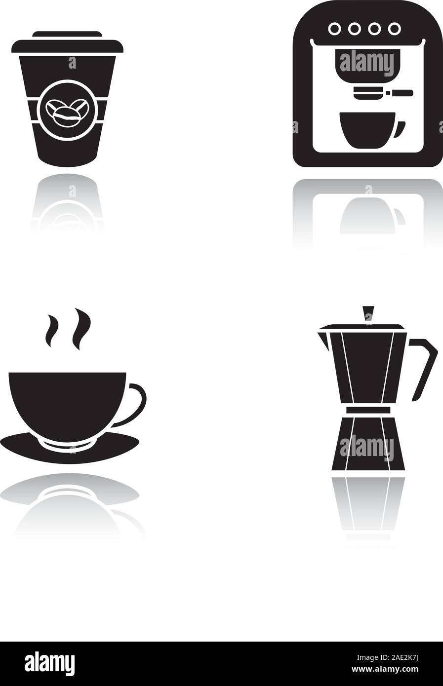 Coffee drop shadow black set di icone. Moderno e classico caffè, monouso e fumanti tazze. Isolato illustrazioni vettoriali Illustrazione Vettoriale