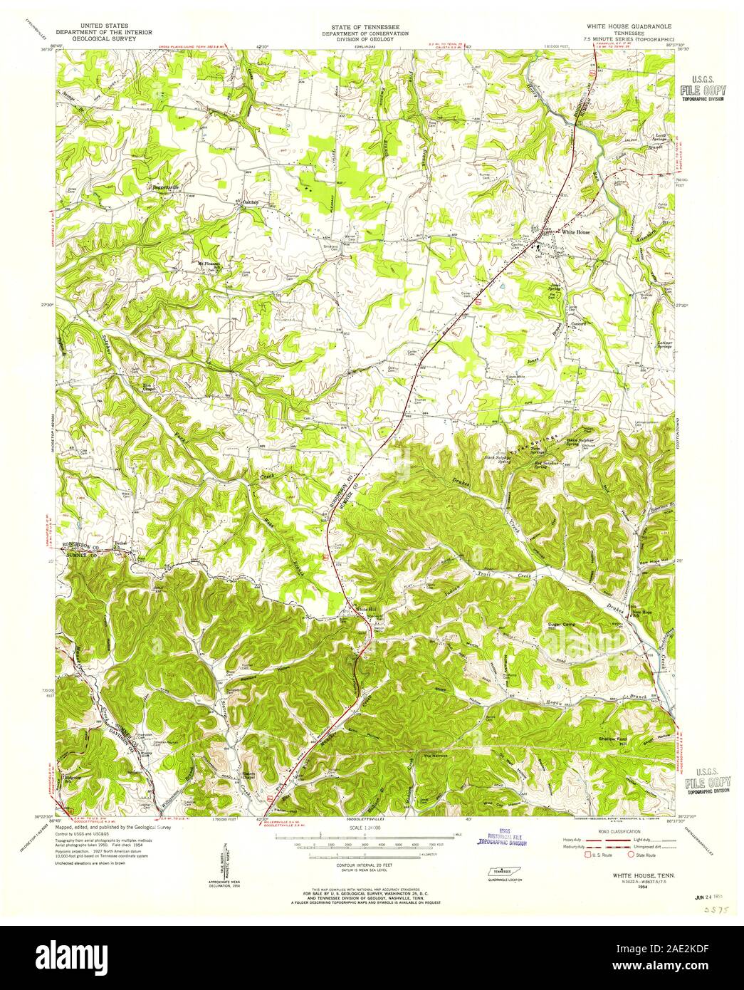 USGS TOPO Map Tennessee TN Casa bianca 155641 1954 24000 Restauro Foto Stock